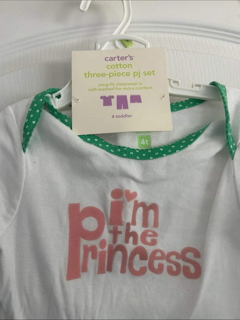 New Carter's White & Green 'I'm the Princess' 3 pc Pajama Set 4t